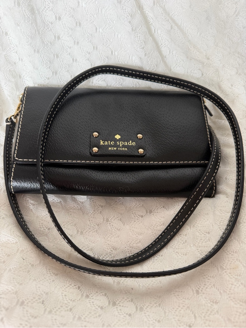 kate spade Black Leather Crossbody with Gold Logo